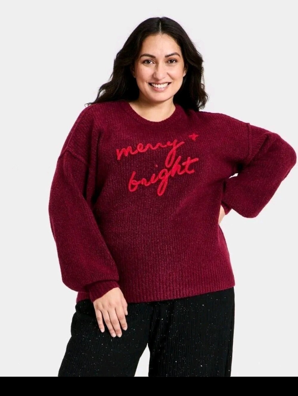 Ava & Viv Women's Long Sleeve Crewneck Holiday Pullover Sweater Burgundy Size 3X